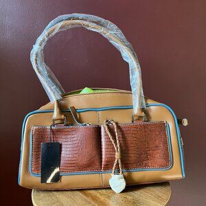 Small Brown Leather Handbag with Green Interior